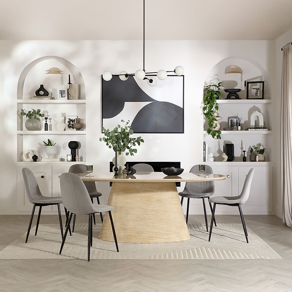 Accorto Oval Dining Table & 4 Brooklyn Chairs, Travertine Stone Effect, Grey Classic Velvet & Black Steel, 200cm
