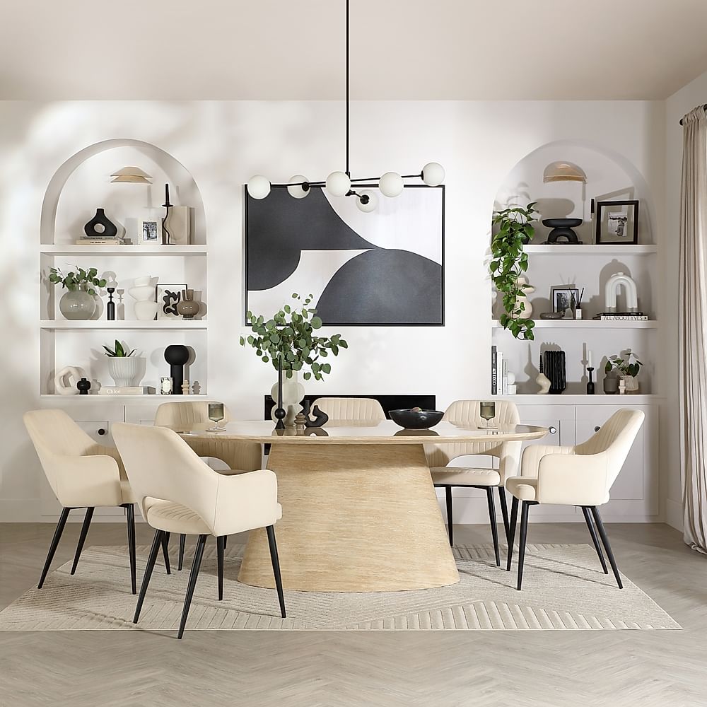 Accorto Oval Dining Table & 4 Clara Chairs, Travertine Stone Effect, Ivory Classic Plush Fabric & Black Steel, 200cm