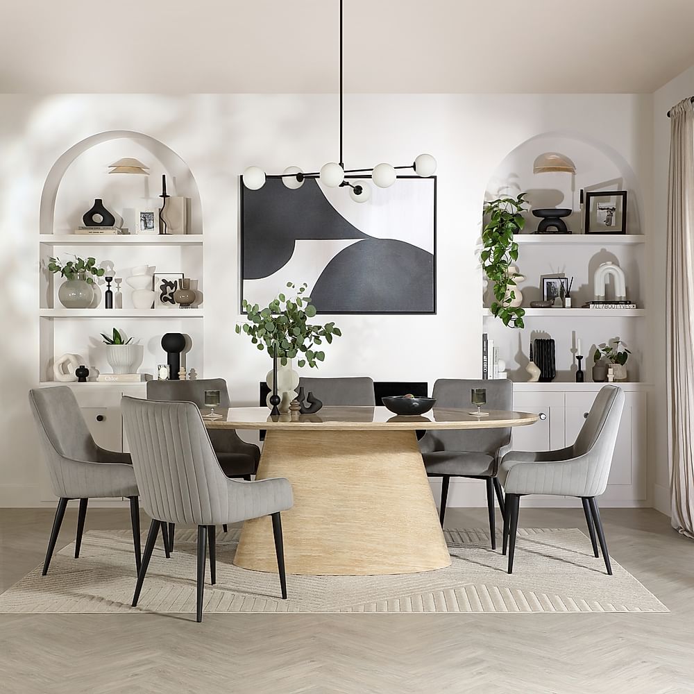 Accorto Oval Dining Table & 4 Liza Chairs, Travertine Stone Effect, Grey Classic Velvet & Black Steel, 200cm