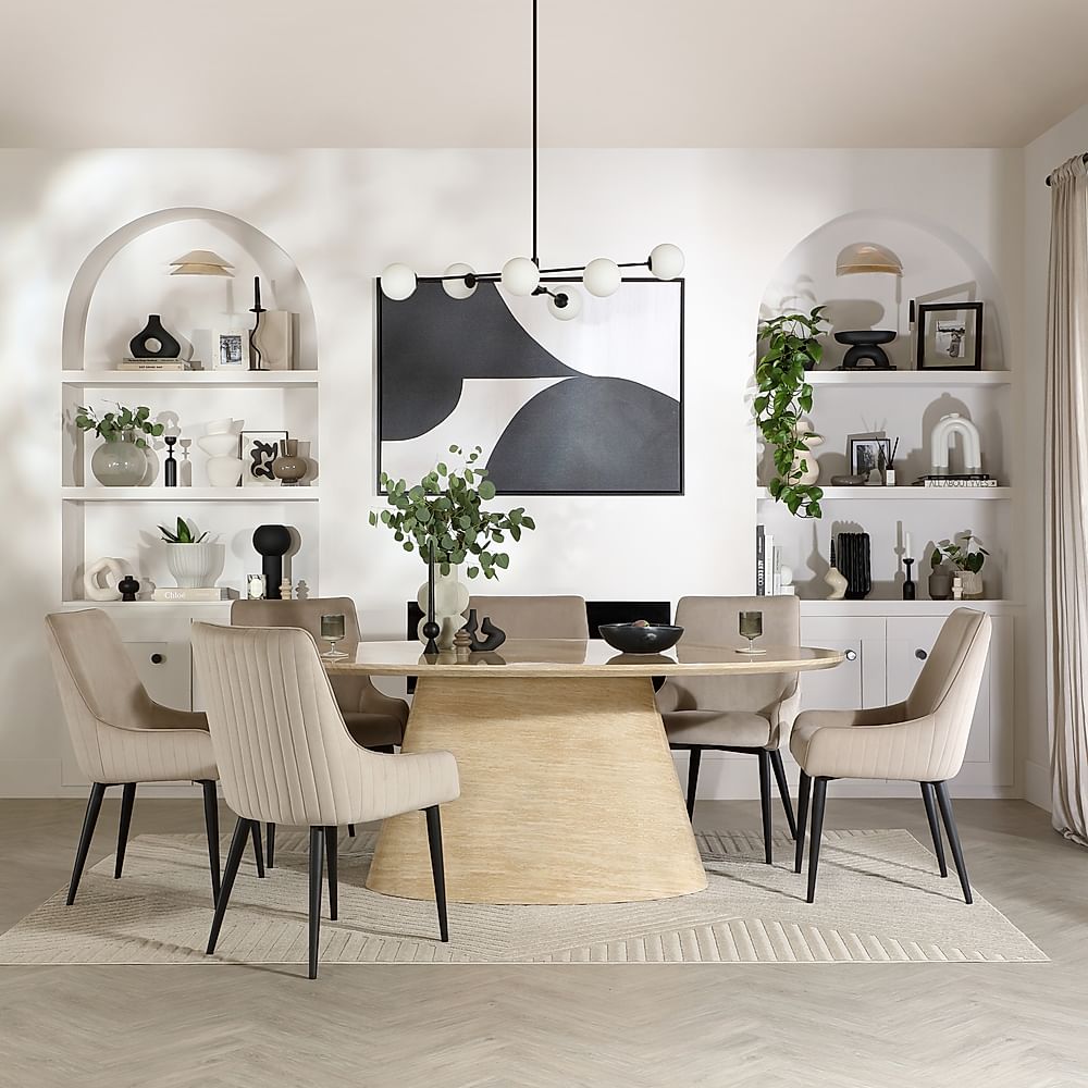 Accorto Oval Dining Table & 6 Liza Chairs, Travertine Stone Effect, Champagne Classic Velvet & Black Steel, 200cm