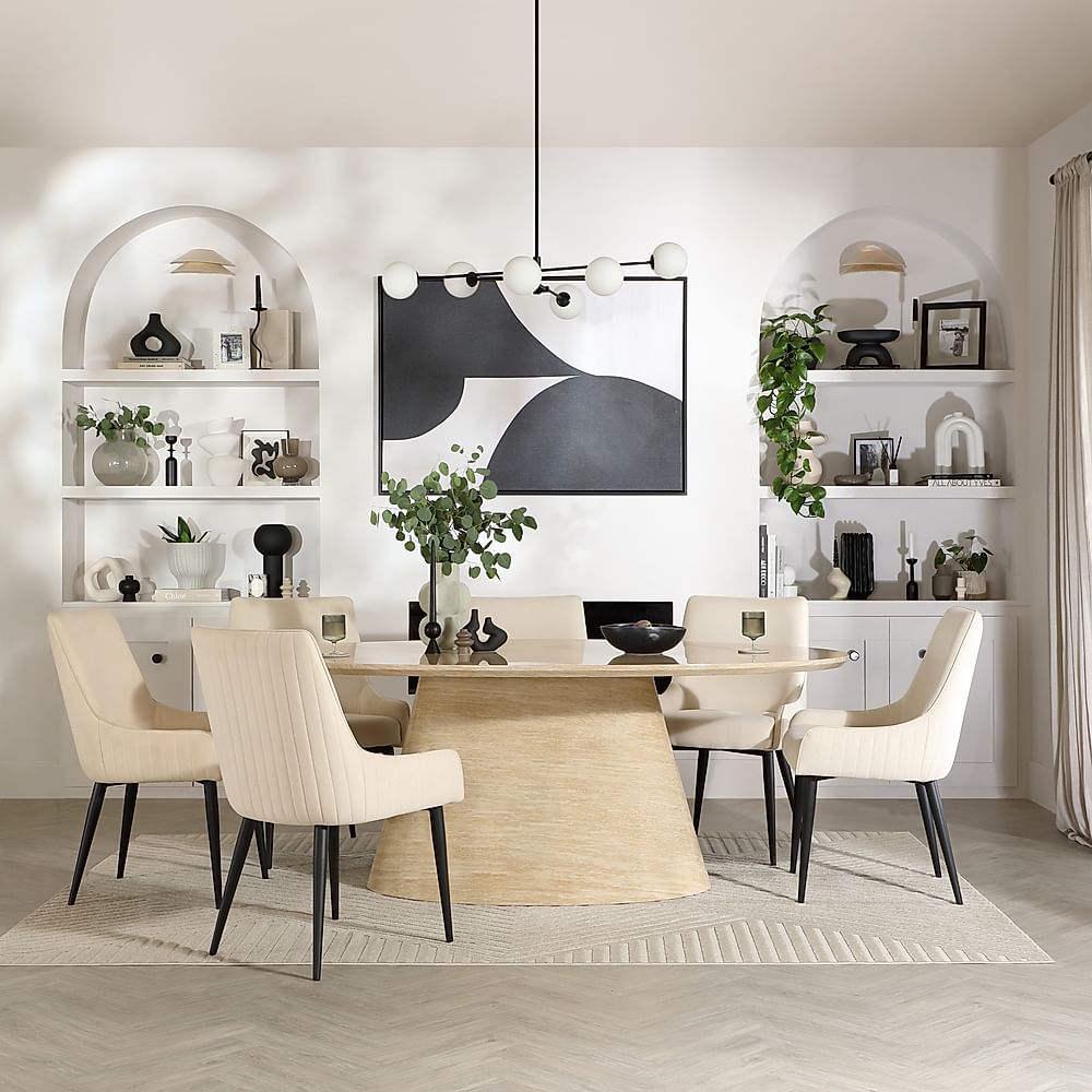 Accorto Oval Dining Table & 6 Liza Chairs, Travertine Stone Effect, Ivory Classic Plush Fabric & Black Steel, 200cm