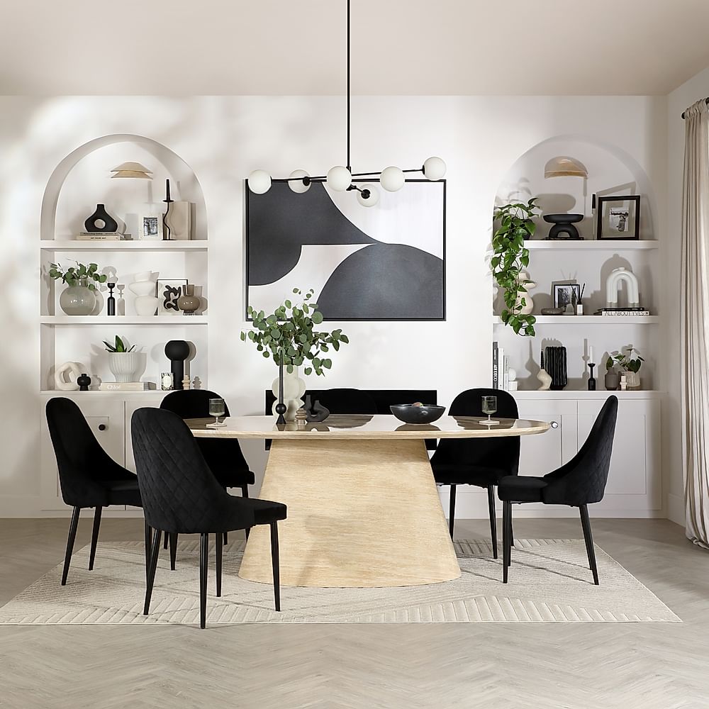 Accorto Oval Dining Table & 6 Ricco Chairs, Travertine Stone Effect, Black Classic Velvet & Black Steel, 200cm
