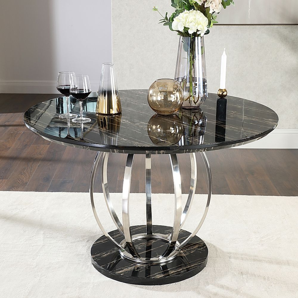 Chrome 120cm Dining Table, Small Round Black Marble Dining Table