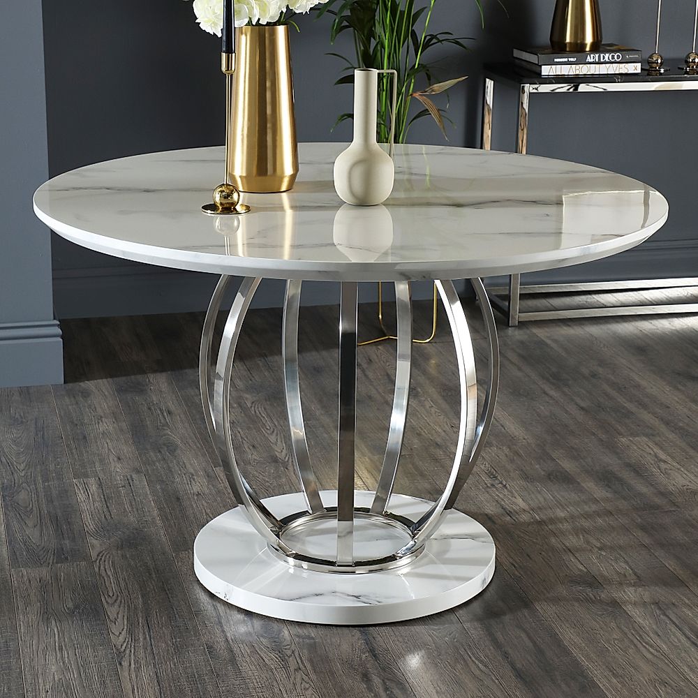 Marble And Chrome Round Dining Table - Shiny Marble Top And Chrome