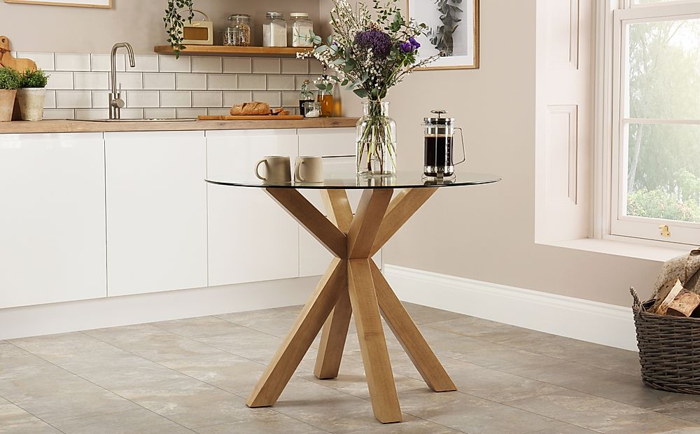 Hatton Round Oak And Glass 100cm Dining, Glass Round Dining Table Wooden Legs