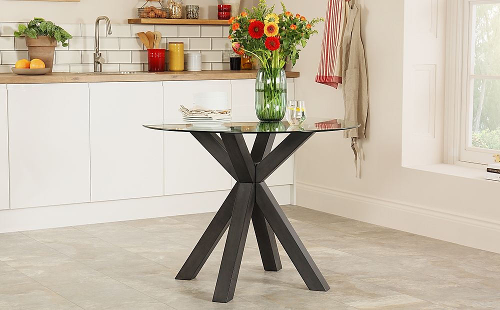 Hatton Round Dining Table, 100cm, Glass & Grey Solid Hardwood