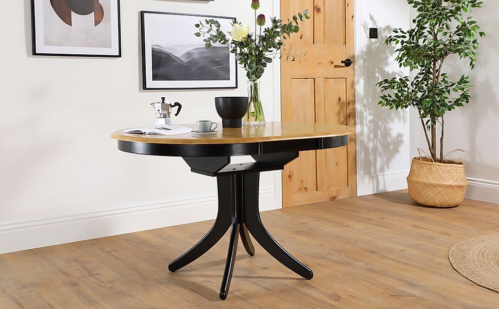 Hudson Round Extending Dining Table, 90-120cm, Natural Oak Finish & Black Solid Hardwood