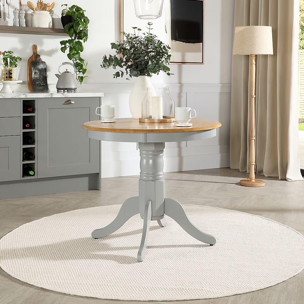 Kingston Round Dining Table, 90cm, Natural Oak Finish & Grey Solid Hardwood