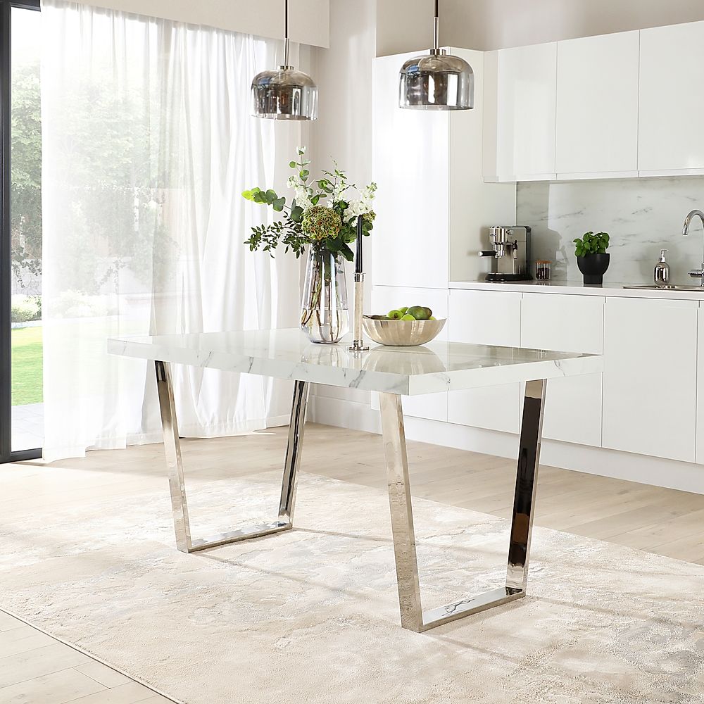 Milento Dining Table, 150cm, White Marble Effect & Chrome