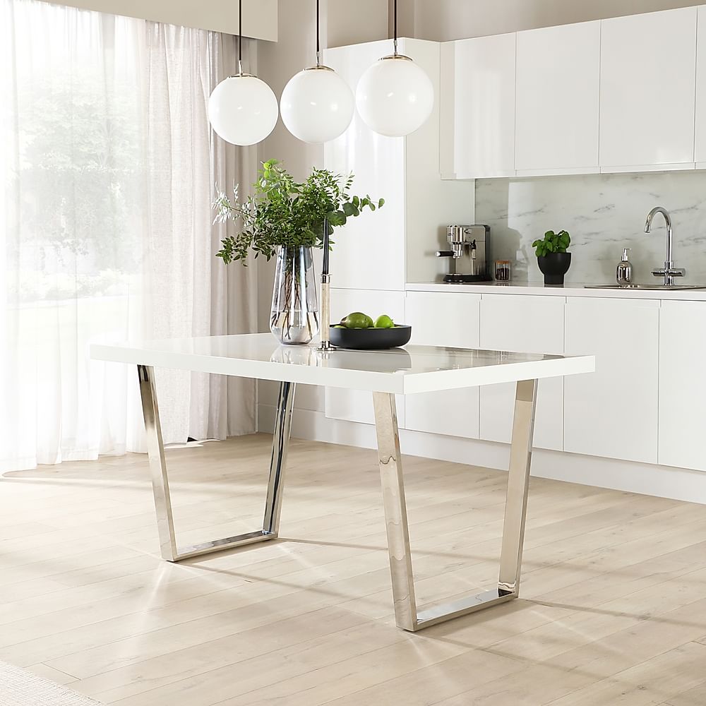 Milento Dining Table, 150cm, White High Gloss & Chrome