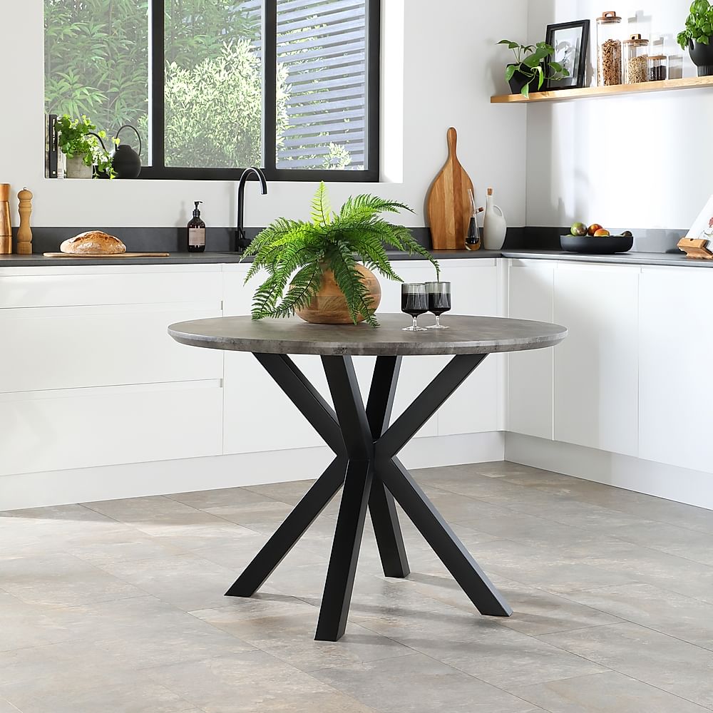 Newark Round Industrial Dining Table, 110cm, Grey Concrete Effect & Black Steel