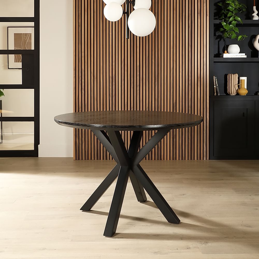 Newark Round Dining Table, 110cm, Black Oak Effect & Black Steel