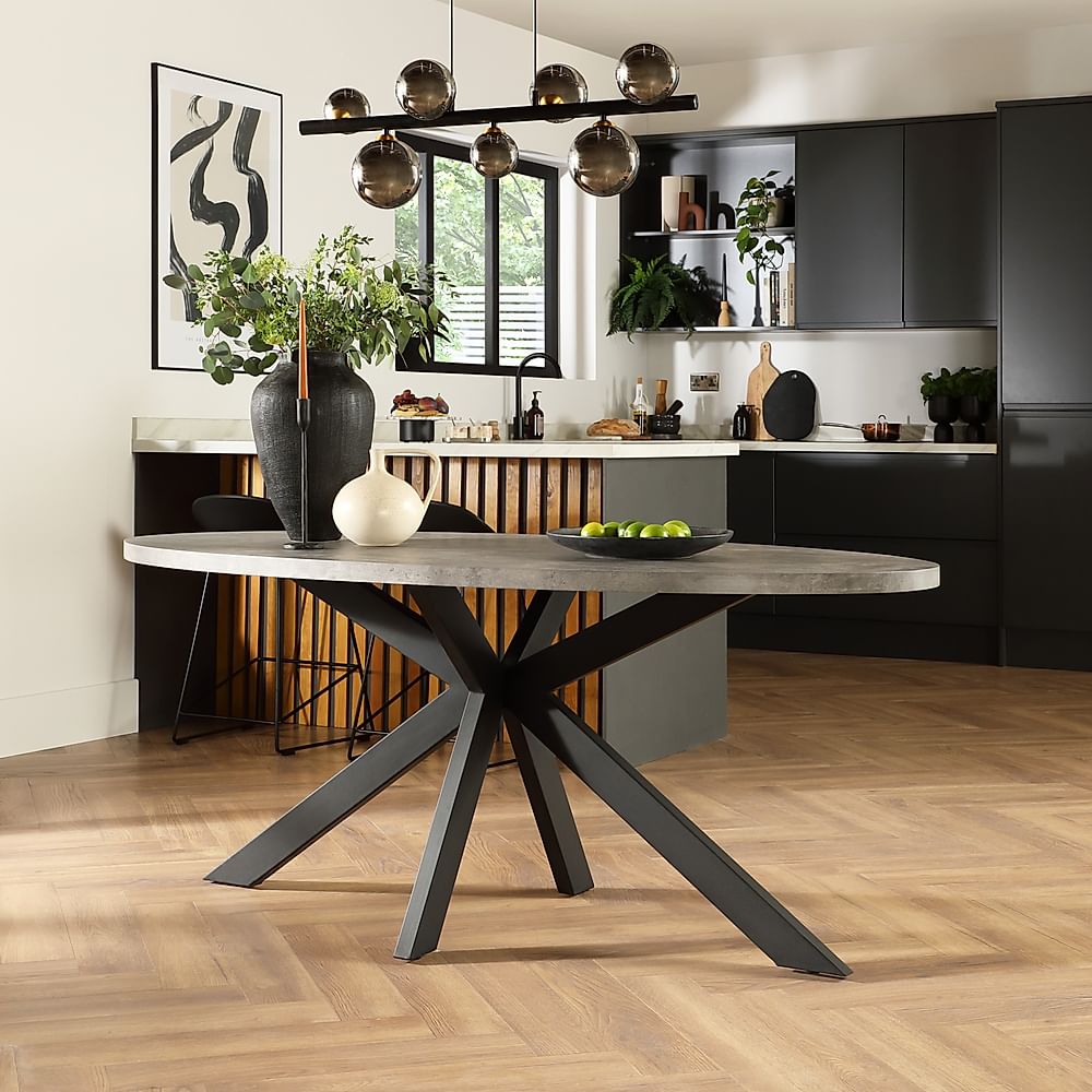 Madison Oval Industrial Dining Table, 180cm, Grey Concrete Effect & Black Steel