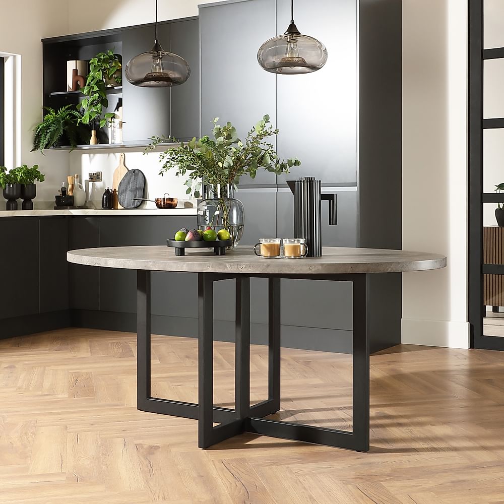 Newbury Oval Industrial Dining Table, 180cm, Grey Concrete Effect & Black Steel