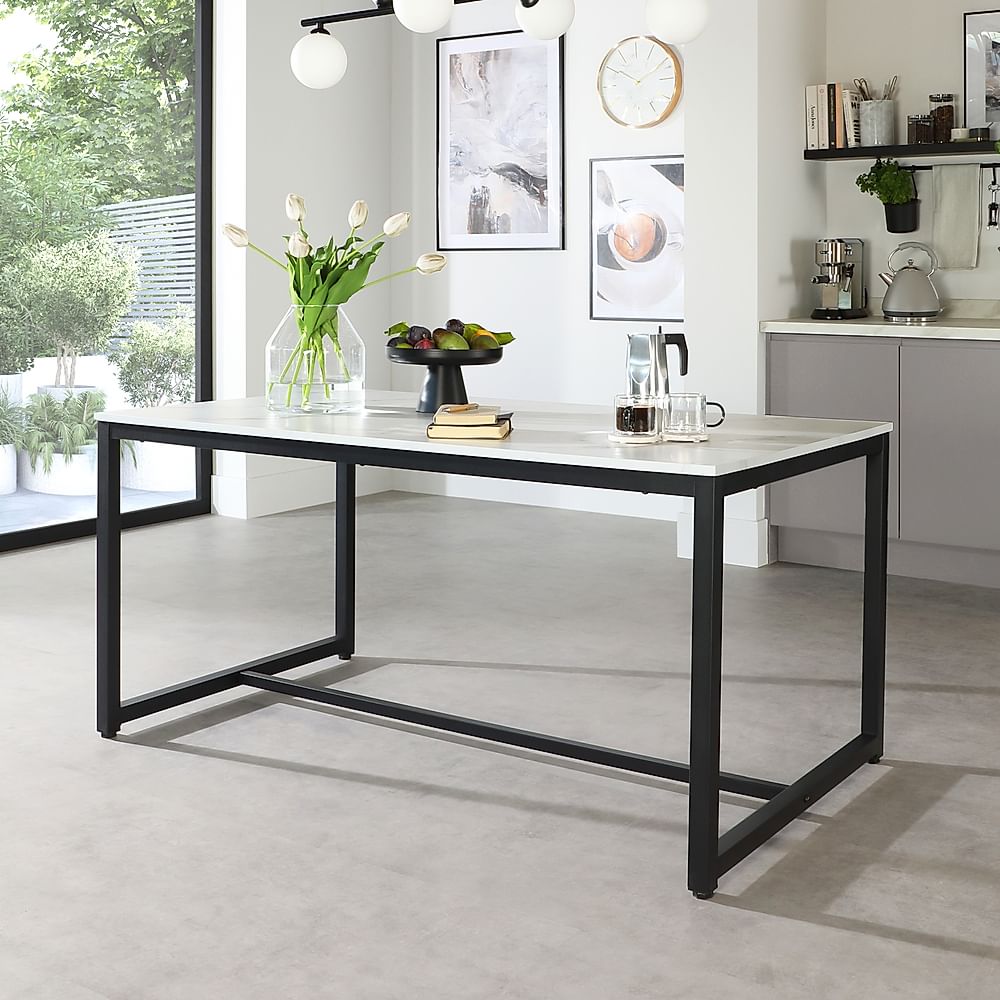Avenue Dining Table, 160cm, White Marble Effect & Black Steel