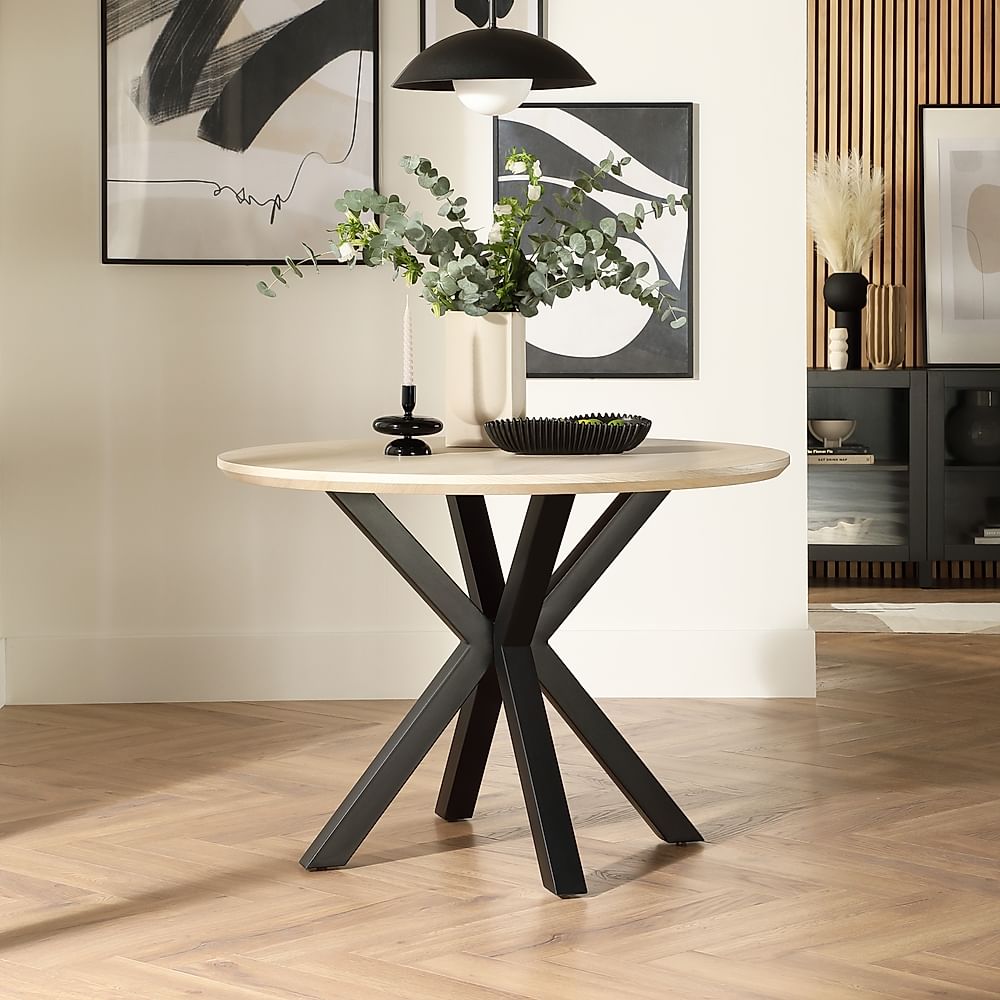 Newark Round Dining Table, 110cm, Light Oak Effect & Black Steel