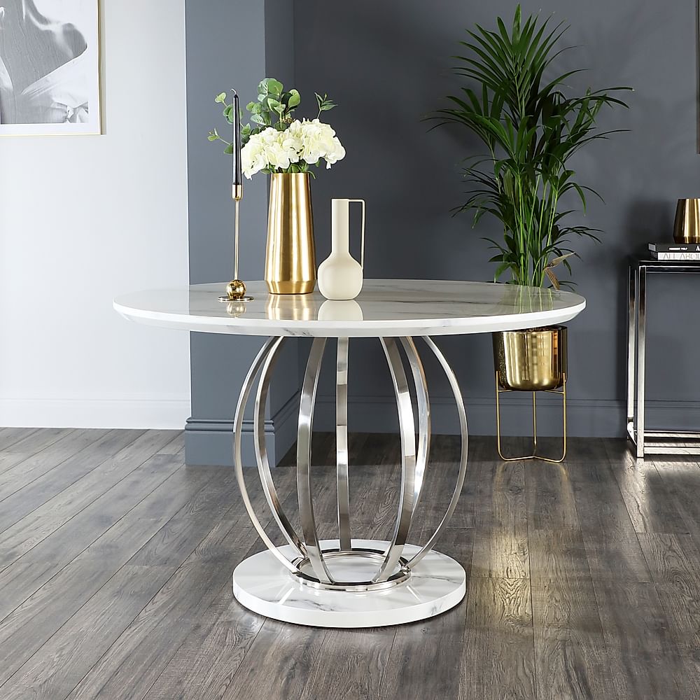 Savoy Round Dining Table, 120cm, White Marble Effect & Chrome