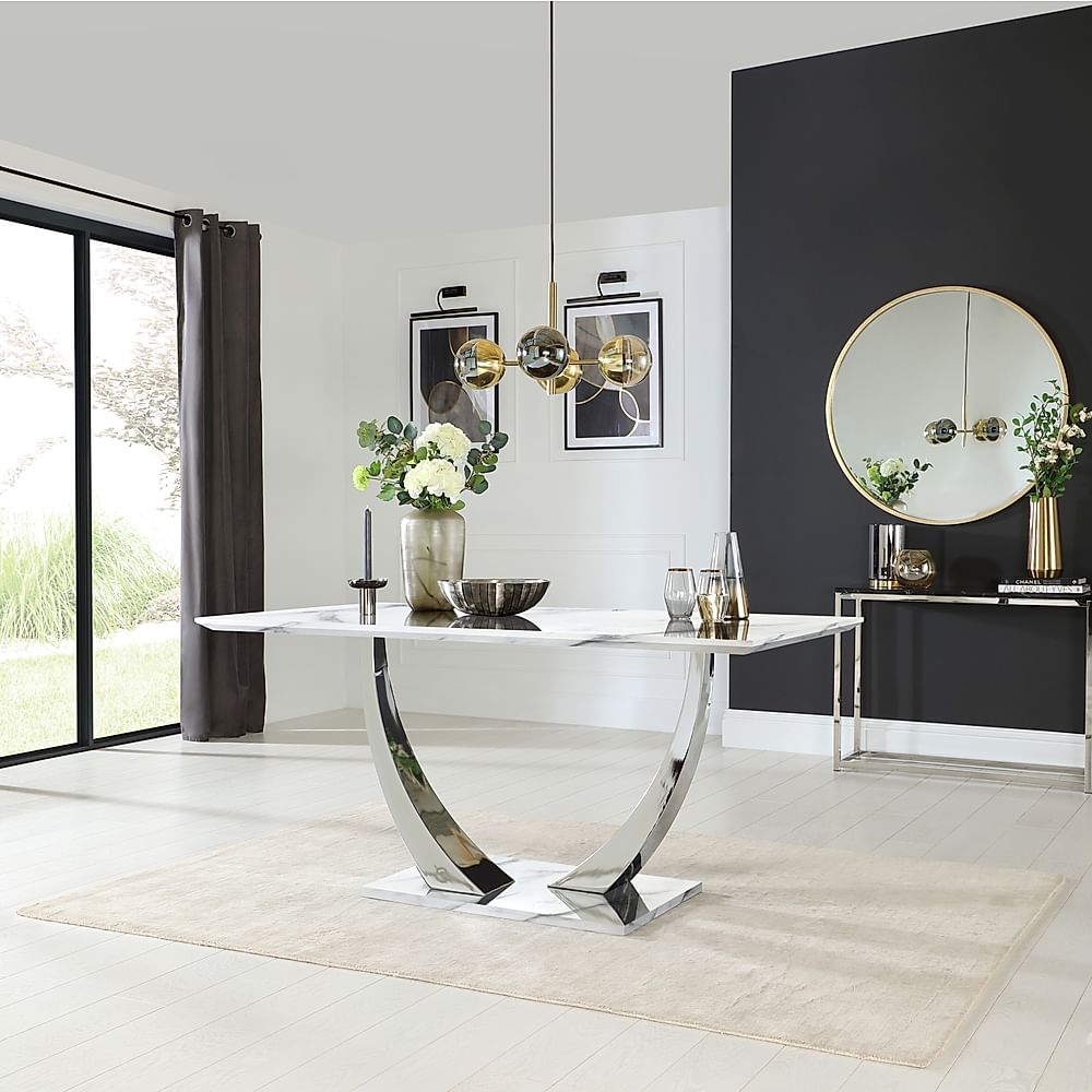 Peake Dining Table, 160cm, White Marble Effect & Chrome