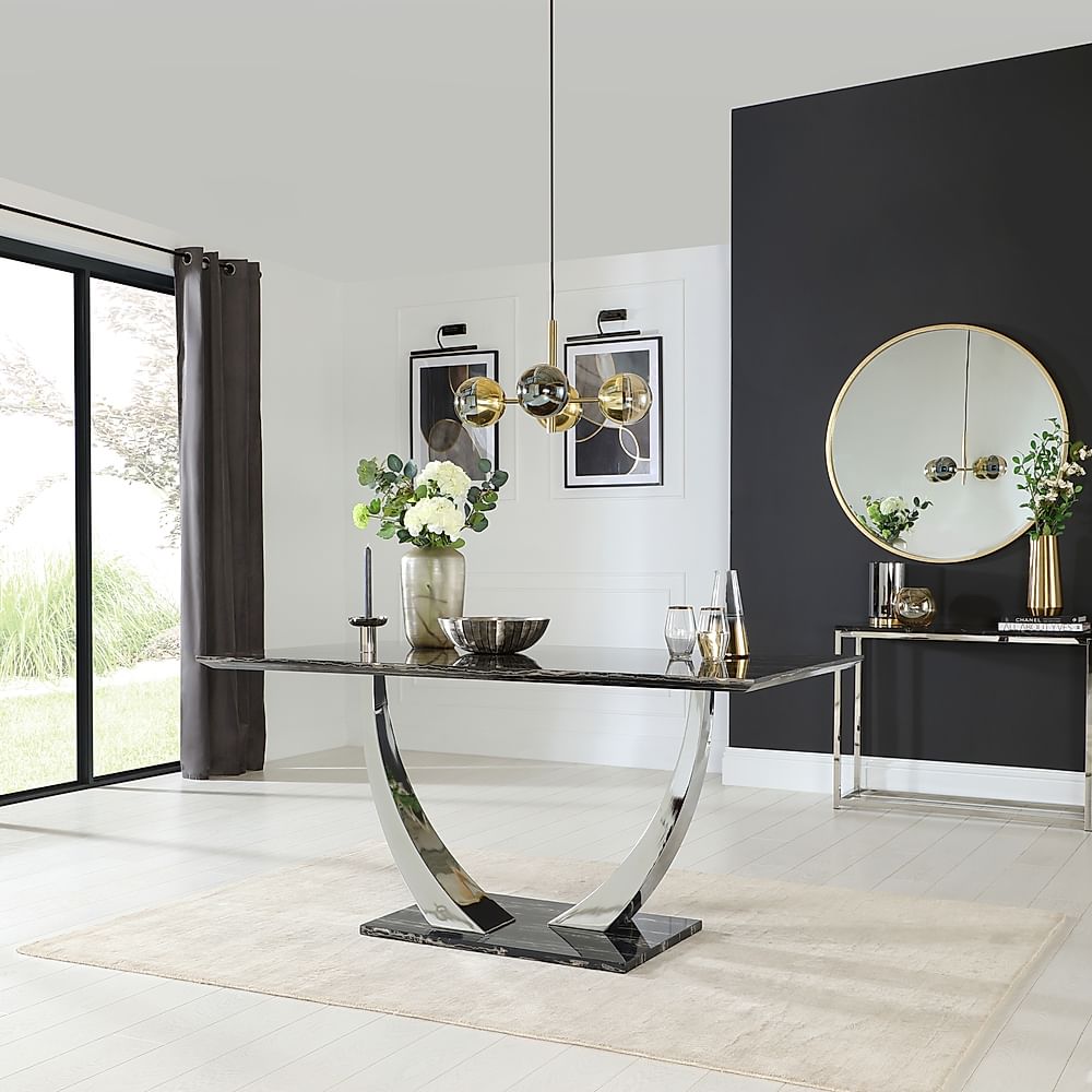 Peake Dining Table, 160cm, Black Marble Effect & Chrome