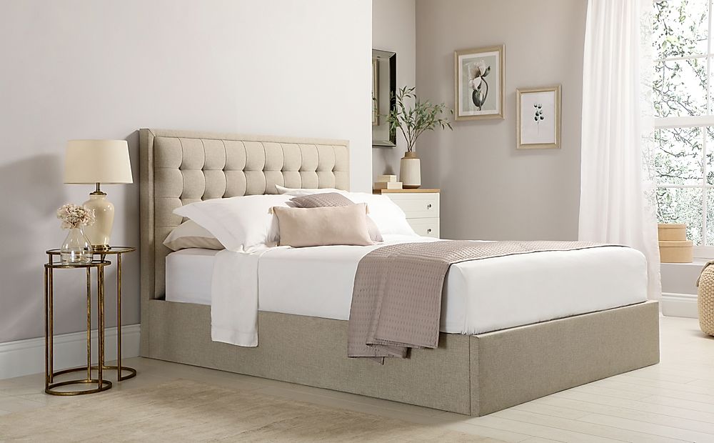 Lexington King Size Ottoman Bed, Oatmeal Classic Linen-Weave Fabric
