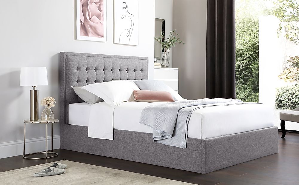 Lexington Grey Fabric Ottoman Double, Grey Queen Size Bed