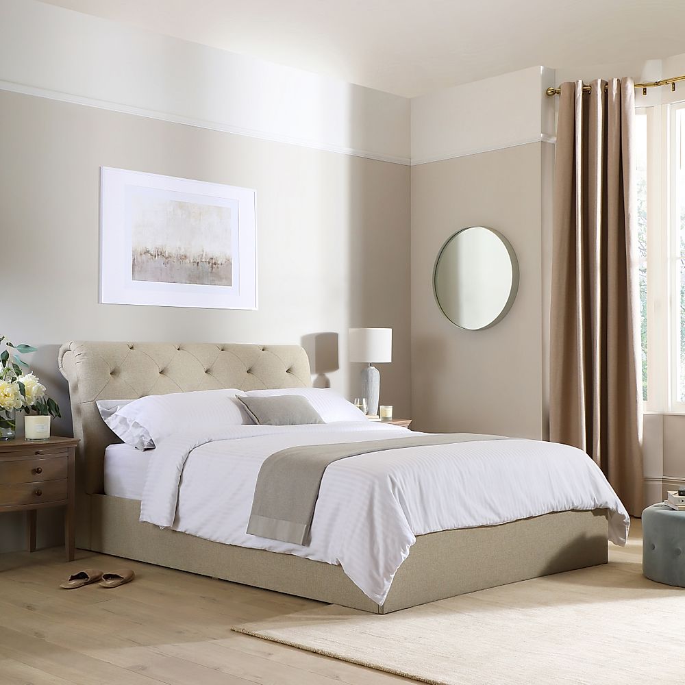 Alderley Double Chesterfield Bed, Oatmeal Classic Linen-Weave Fabric