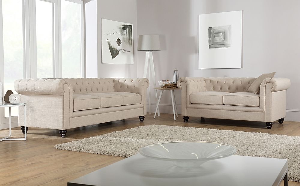 Hampton 3+2 Seater Chesterfield Sofa Set, Oatmeal Classic Linen-Weave Fabric
