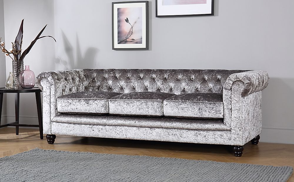 Hampton Silver Crushed Velvet 3 Seater, Silver Grey Leather Chesterfield Sofa