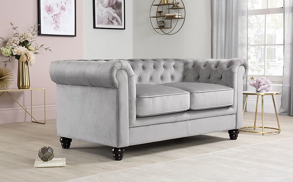 Hampton Grey Velvet 2 Seater Chesterfield Sofa | Furniture And Choice