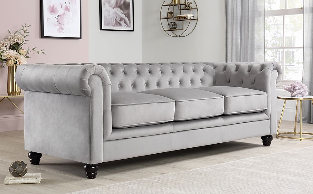 Hampton Grey Velvet 3 Seater Chesterfield Sofa | Furniture And Choice