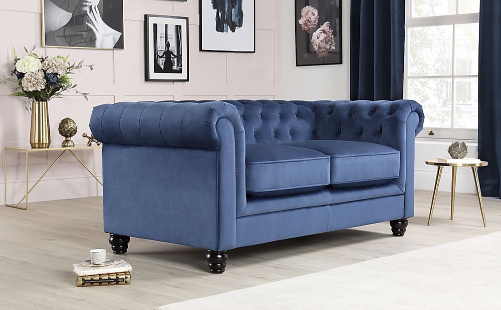 Hampton 2 Seater Chesterfield Sofa, Blue Classic Velvet