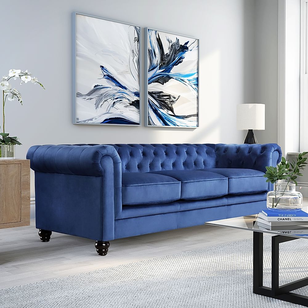 Hampton 3 Seater Chesterfield Sofa, Blue Classic Velvet