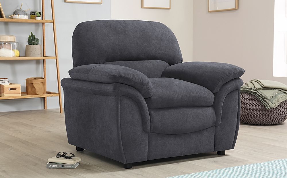 Rochester Slate Grey Plush Fabric, Modern Fabric Armchair