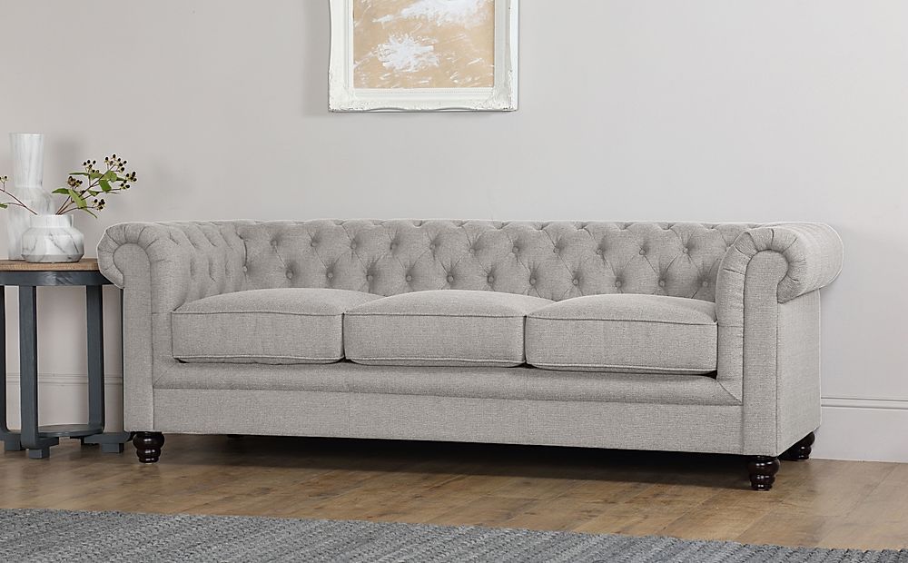 Hampton 3 Seater Chesterfield Sofa, Light Grey Classic Linen-Weave Fabric