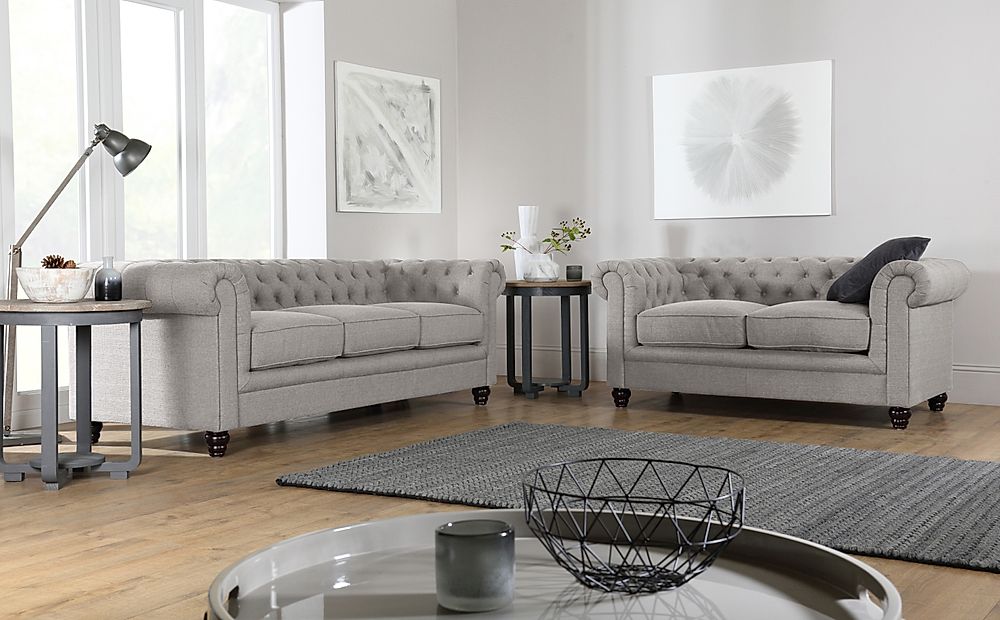 Hampton 3+2 Seater Chesterfield Sofa Set, Light Grey Classic Linen-Weave Fabric