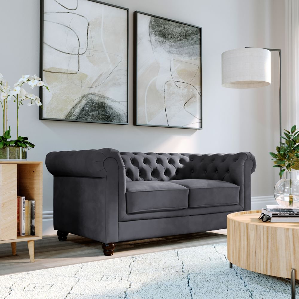 Hampton 2 Seater Chesterfield Sofa, Slate Grey Classic Plush Fabric