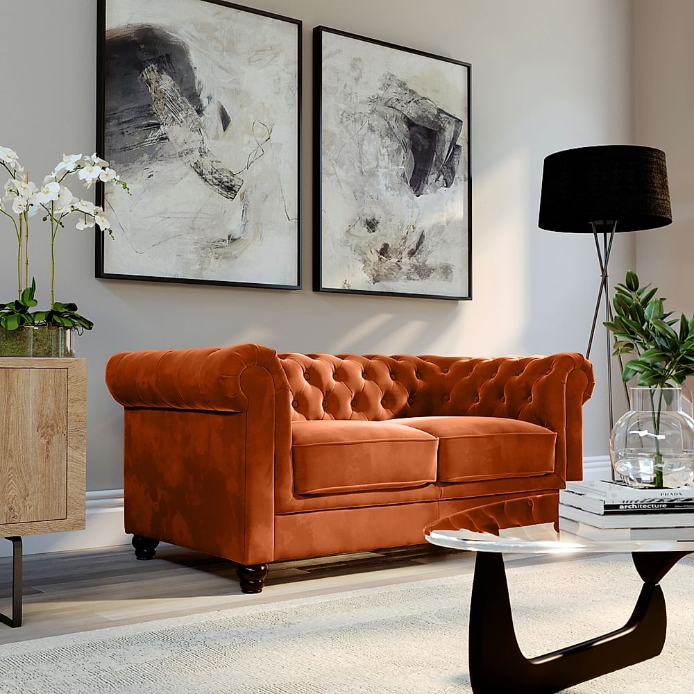 Hampton 2 Seater Chesterfield Sofa, Burnt Orange Classic Velvet