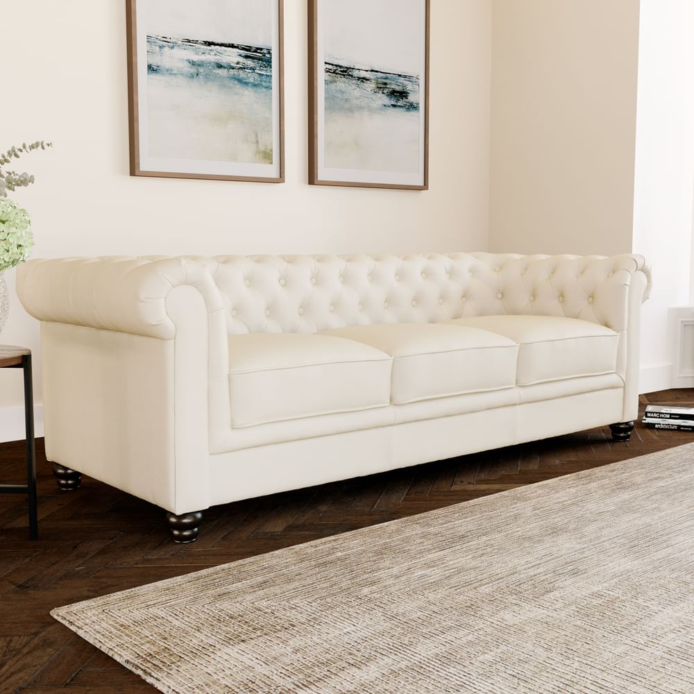 Hampton Ivory Leather 3 Seater, Cream Leather Chesterfield Sofa Bed