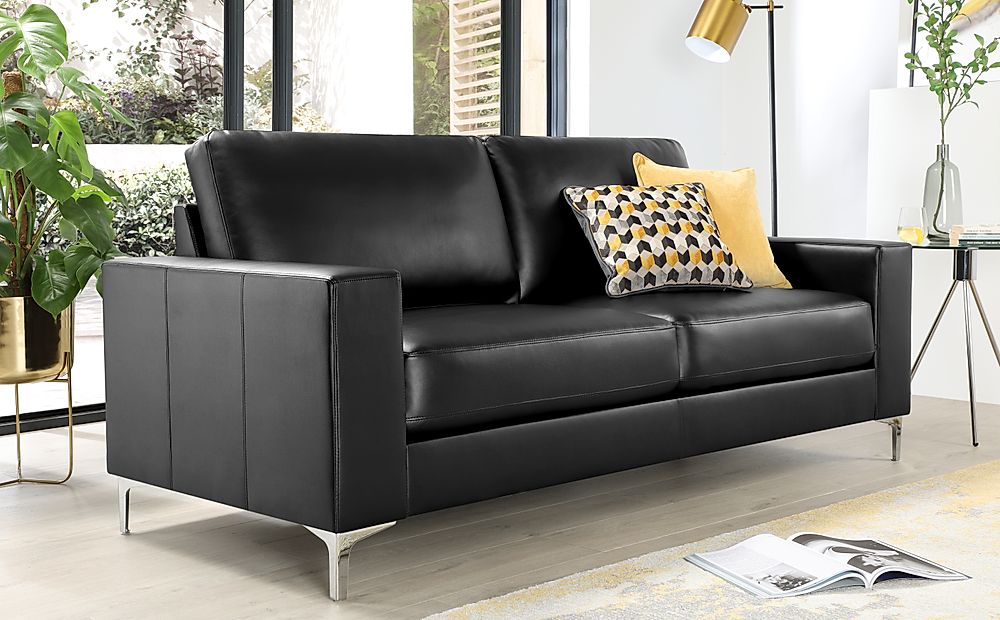 Baltimore Black Leather 3 Seater Sofa, Small Leather Couches
