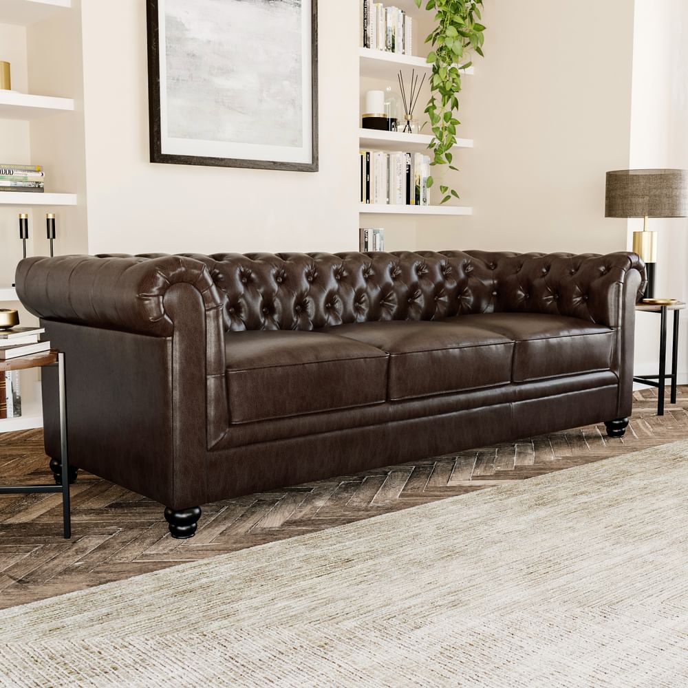 Hampton 3 Seater Chesterfield Sofa, Antique Chestnut Classic Faux Leather