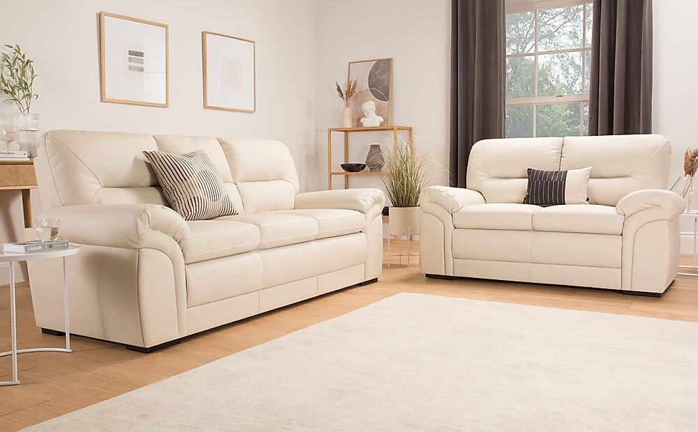 Bromley 3+2 Seater Sofa Set, Ivory Classic Faux Leather