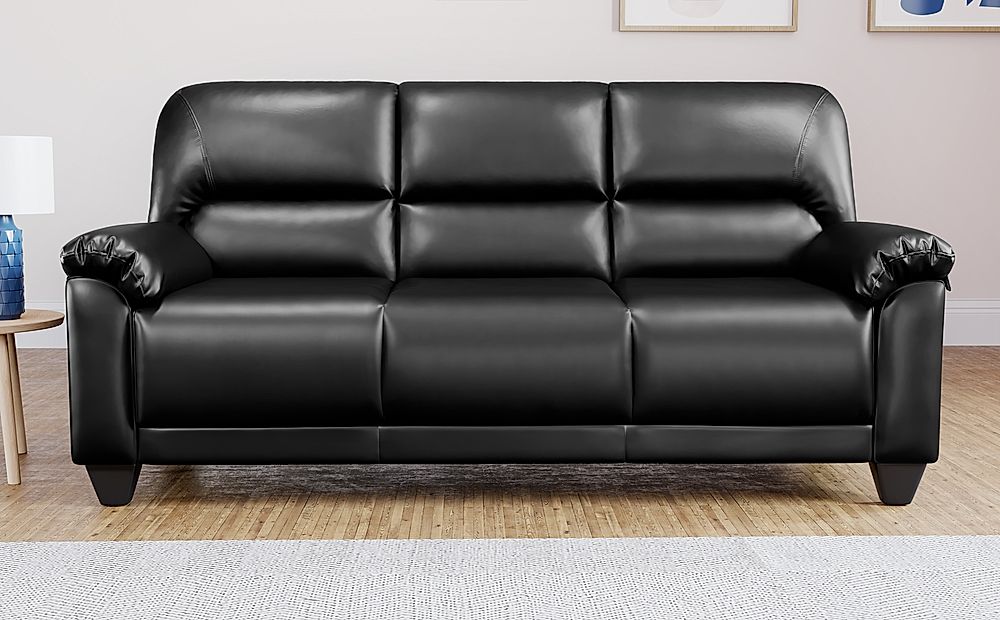 Kenton Small Black 3 Seater Sofa, Small Black Leather Sofa