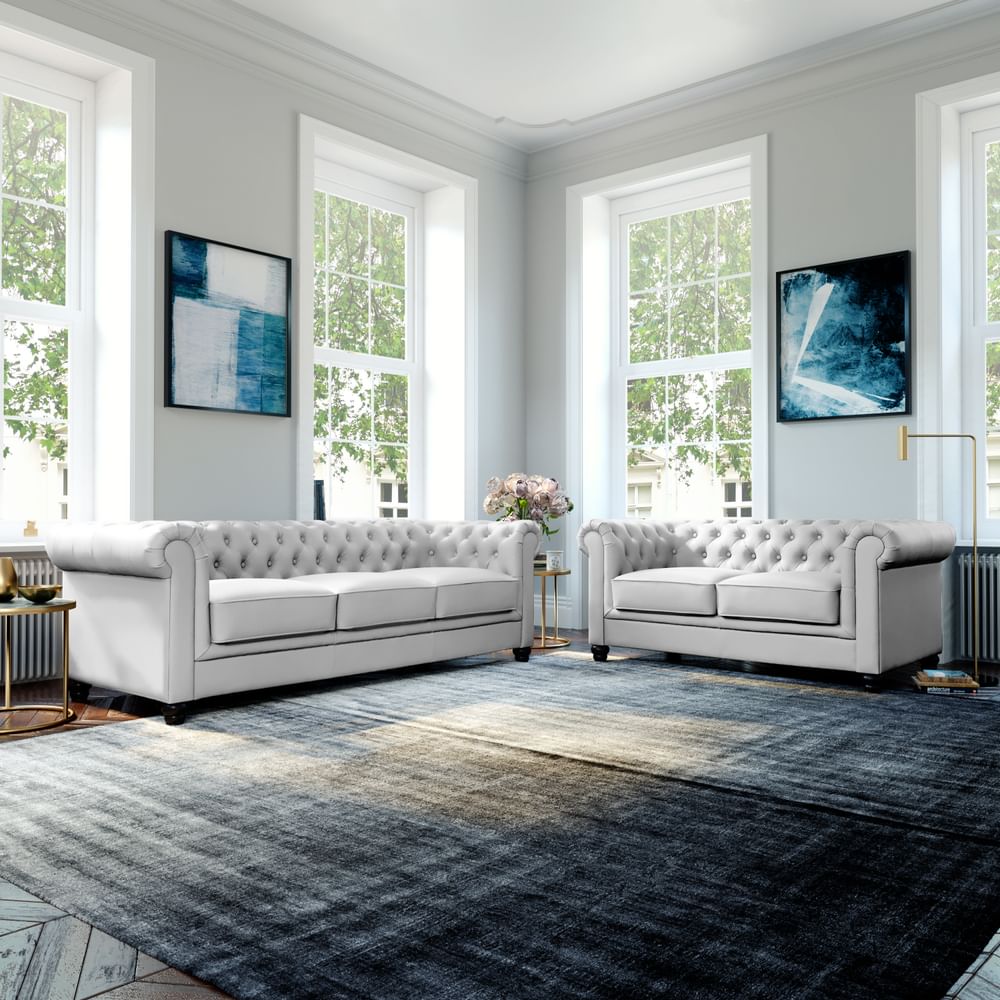 Hampton 3+2 Seater Chesterfield Sofa Set, Light Grey Classic Faux Leather