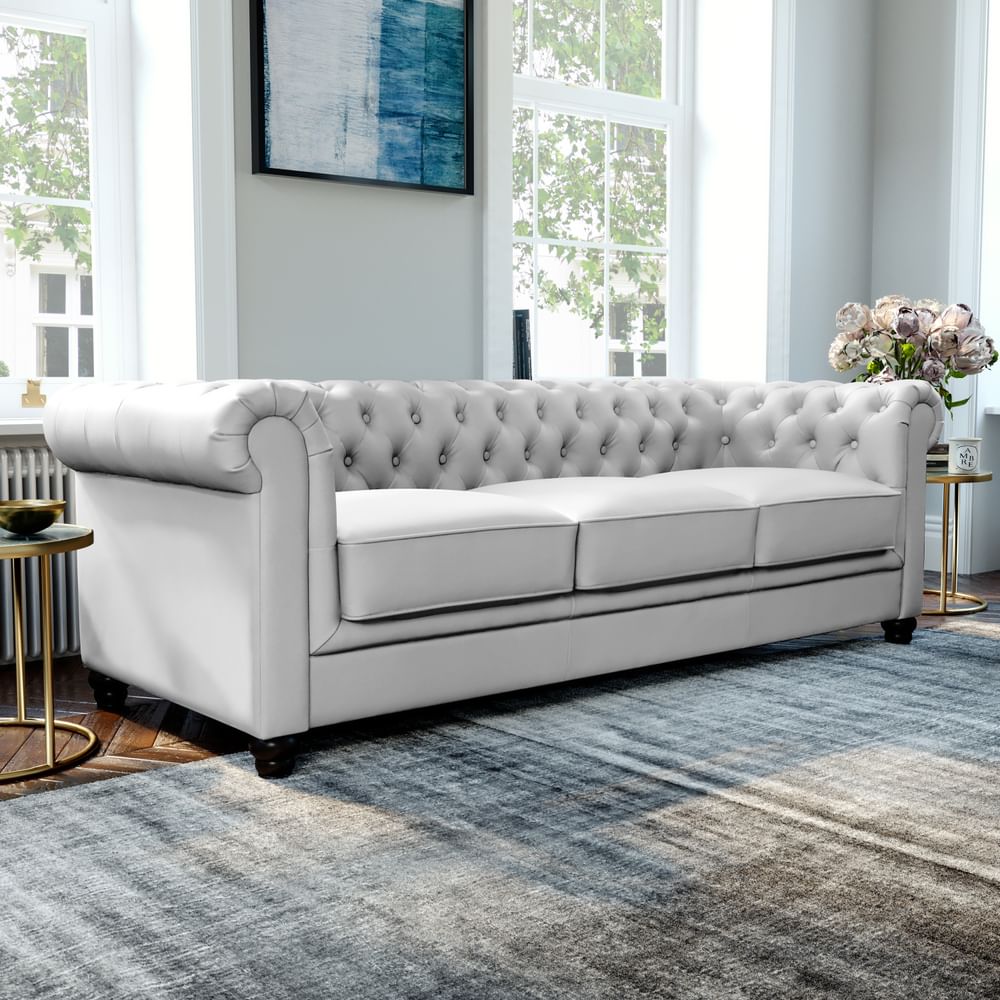 2 Seater Chesterfield Sofa Set, Grey Leather Tufted Sofa
