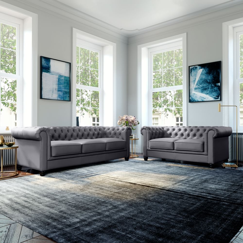 2 Seater Chesterfield Sofa Set, Grey Leather Sofa And 2 Chairs