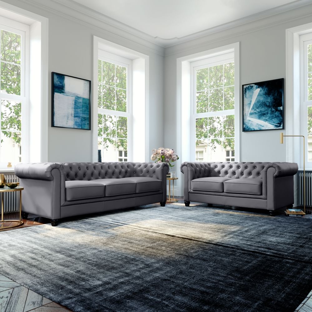 Hampton Grey 3+2 Seater Chesterfield Sofa Set | Furniture And Choice