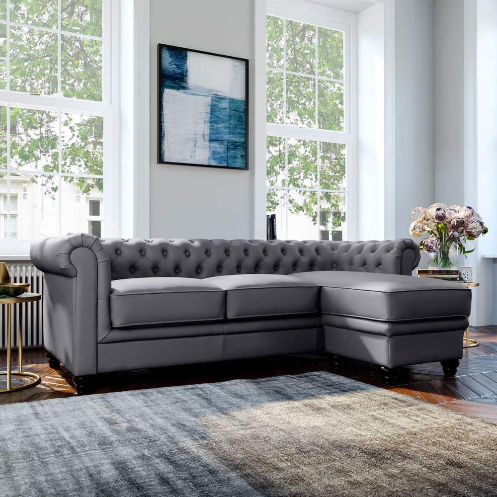 Hampton Chesterfield L-Shape Corner Sofa, Grey Classic Faux Leather