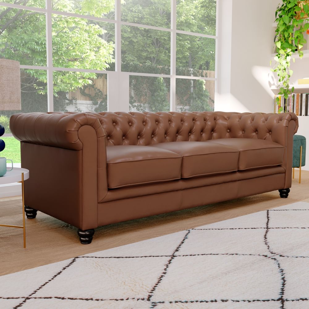 Hampton 3 Seater Chesterfield Sofa, Tan Classic Faux Leather