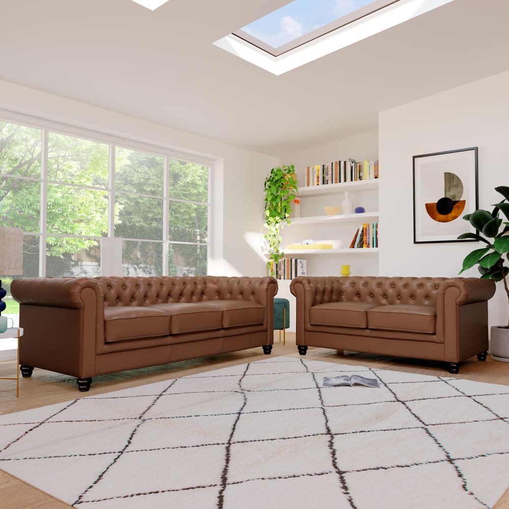 Hampton 3+2 Seater Chesterfield Sofa Set, Tan Classic Faux Leather