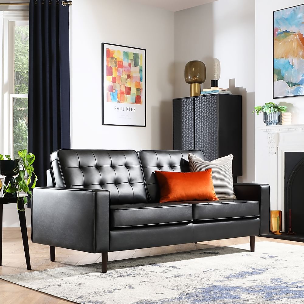 Stockholm 3 Seater Sofa, Black Premium Faux Leather